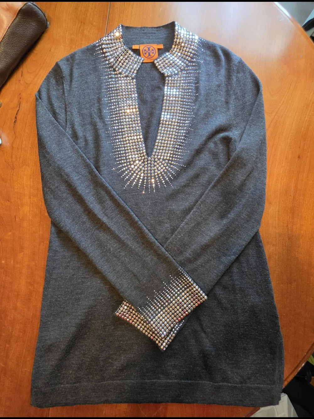 Tory Burch 100% Merino Wool Studded Tunic Sweater Grey Large